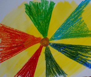 Kids art idea - oil pastel drawing with water colours painted over the top