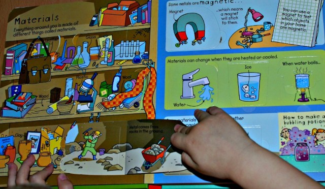 Usborne Look Inside Science book the Materials page. Great for young children learning basic science concepts