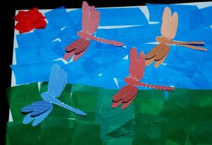 Tissue paper and 3D dragonfly picture using the template from Twinkl