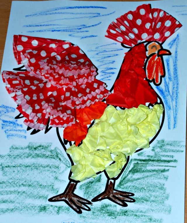 Animal craft activity, a Rooster mad using tissue paper and cupcake cases with a free to download colouring page from Twinkl