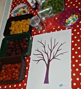 Autumn tree craft idea - coloured pasta, buttons, gems and a tree template found ofamilyblog