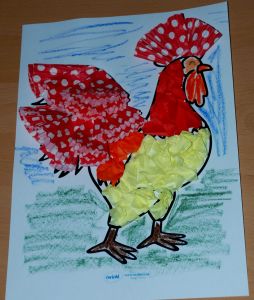 Rooster mosaic using cupcake cases and tissue paper on ofamilyblog