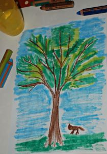 Tree drawing using a Twinkl tree template and Stabilo water colour pencils on ofamilyblog