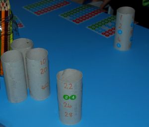 Using toilet rolls and stickers to practice skip counting