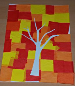 Autumn tree using tissue paper for the background and a basic tree template on ofamilyblog