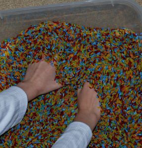 Rainbow Rice sensory bin great as a tactile activity for kiddies. ofamilyblog