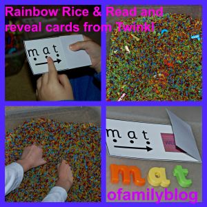 Rainbow Rice sensory tub with the Read and reveal cards from Twinkl found on ofamilyblog