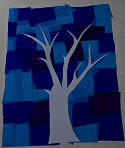 Tree template on a blue tissue paper patchword background