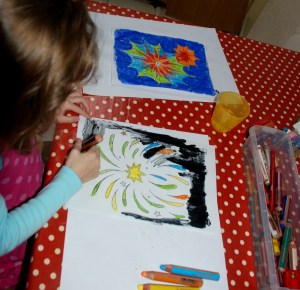 Firework pictures from Twinkl colouring in using STABILO pencils