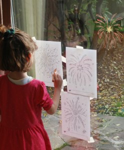Fireworks on the sliding door - tracing over the Twinkl colouring pages using STABILO pencils