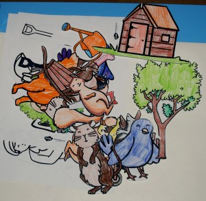 Percy the Park Keeper stick puppets coloured in and cut out