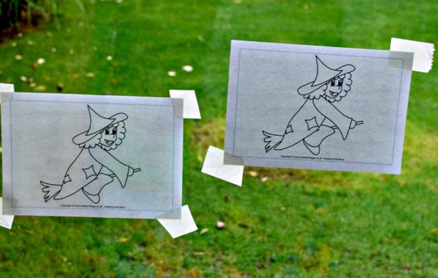 templates or colouring pages taped to the ouside of sliding doors so that the kids can trace over them