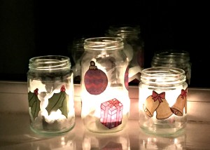 Christmas bottles at night on ofamilyblog