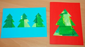 Christmas cards - tissue paper christmas trees using a template from activity village