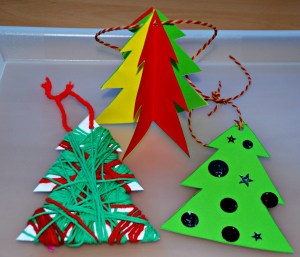 Christmas tree decorations using the tree template from activity village