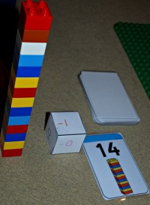 Addition and subtraction game using Twinkl lego number cards and a simple dice
