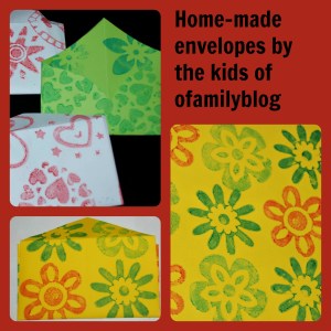 Home-made envelopes by ofamilyblog using heart and flower stamps