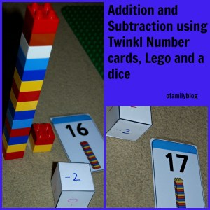 Practicing addition and subtraction using Twinkl number cards, Lego and a dice found on ofamilyblog