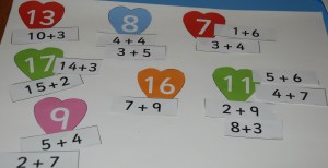 Matching heart maths activity from Twinkl used to create a number bond poster