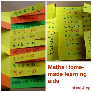 Maths home-made learning aids for Number bonds as made by ofamilyblog