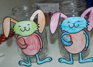 Easter bunny jar - sticking the colouring page onto the jars