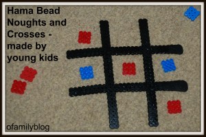 Hama Bead Noughts and crosses game as made by kids on ofamilyblog