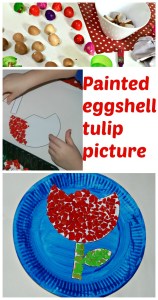 painted eggshell tulip picture. Made by decorating a tulip template with painted eggshells. Great tactile activity for children
