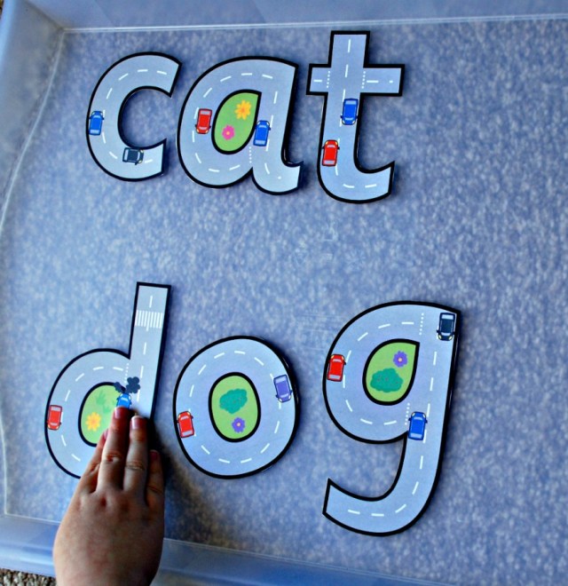 Using Free to download Road themed letters to spell out basic CVC words. Great for at home learning