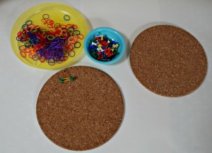 Cork coasters, loom bands and some drawing pins