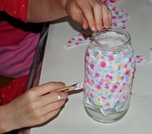 Decorating glass jars with decopath paper and Mod Podge glue