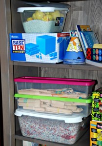 Home ed bookcase - crafts sticks and base 10 set for the kids to use