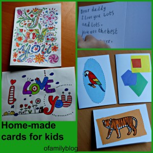 Home-made cards for young kids to make, encourages writing, spelling, colouring and cutting. ofamilyblog