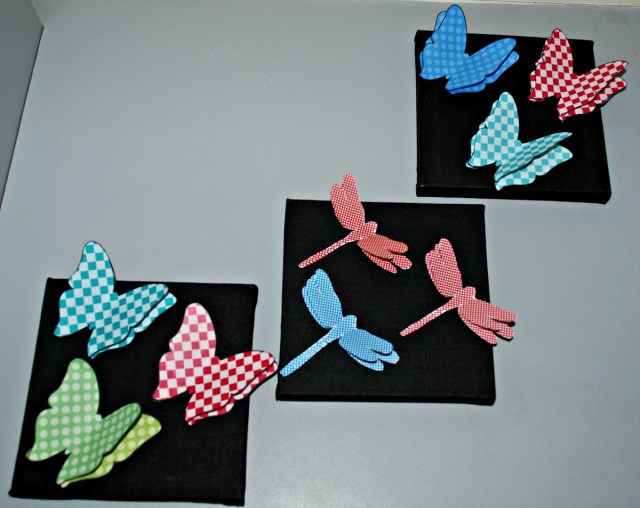Butterfly and dragonfly home made pictures using printouts from Twinkl and some art canvases from Baker Ross