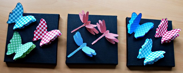 Simple art using the 3D dragonflies and 3D butterflies from Twinkl and some art canvases from Baker Ross
