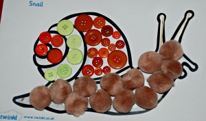 Snail collage using the free Mininbeast colouring page from Twinkl resources
