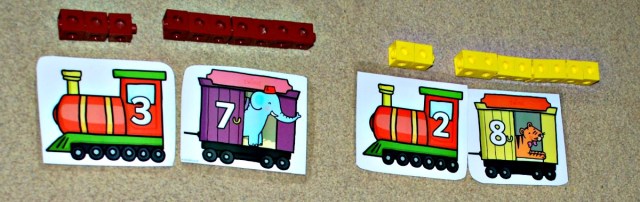 Using the snap cubes tto check that the train number bonds equal 10