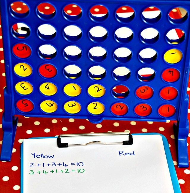 4 in a row game- keep a running total by numbering the little discs, every win gets added to the winning teams total