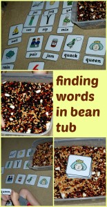 finding words hidden in a bean tub, great sensory activity and reading activity for young children