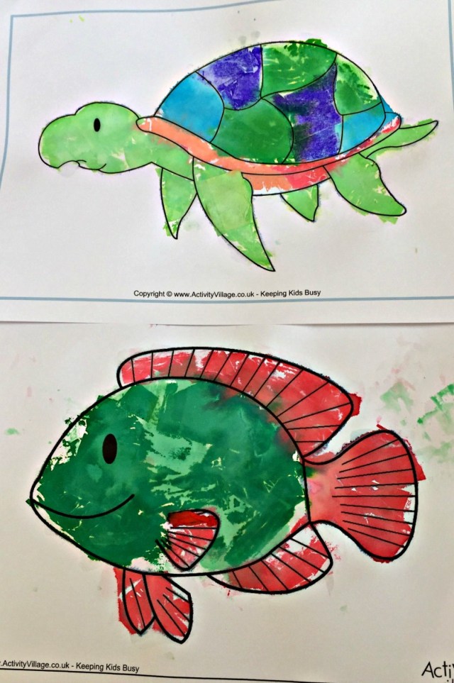 Fish and Sea turtle made by Bleeding tissue paper onto the colouring pages