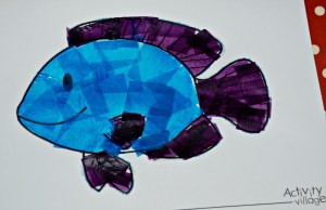 Fish colouring page with tissue paper and water added
