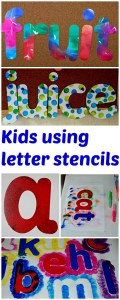 Kids using letter stencils to practice letter recongition and create words, helps with reading and spelling