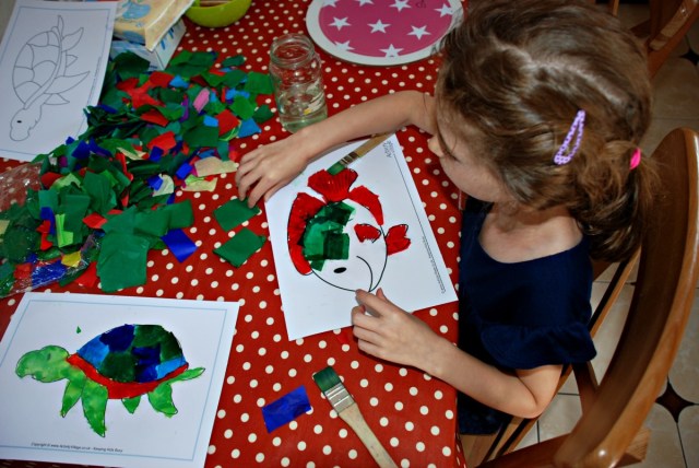 Making the bleeding tissue paper pictures - add water onto the tissue paper with a paint brush