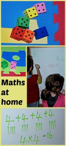 Maths at home using foam dice, hopscotch mat and a board