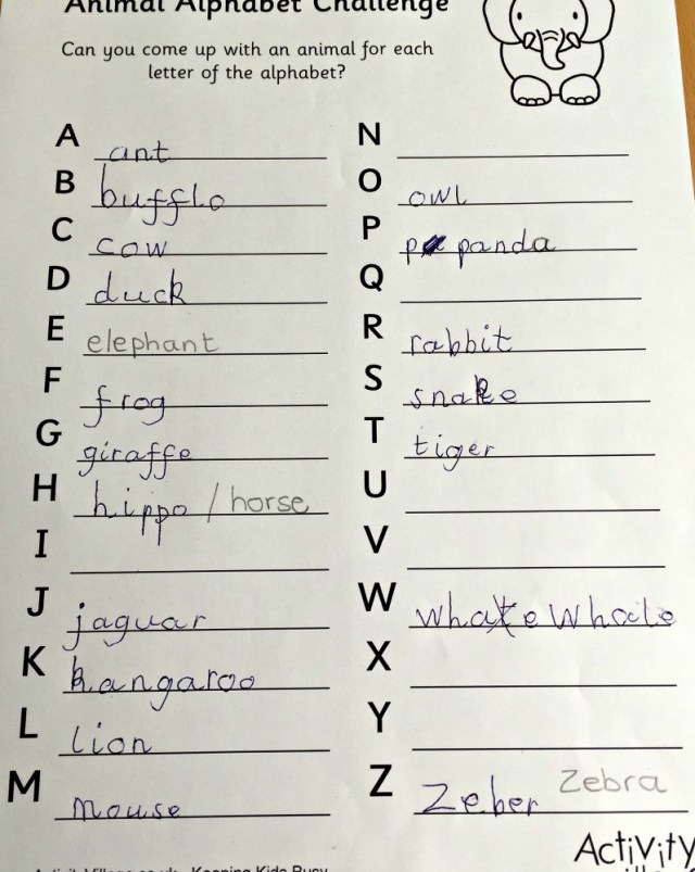 animal alphabet challenge page from activity village