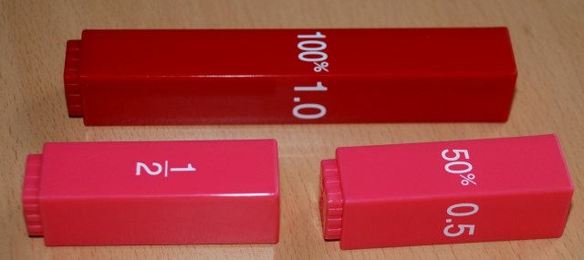 Learning Resources Fraction Tower pieces have the fraction on one side, the decimal number on another side and the percentage on a third side