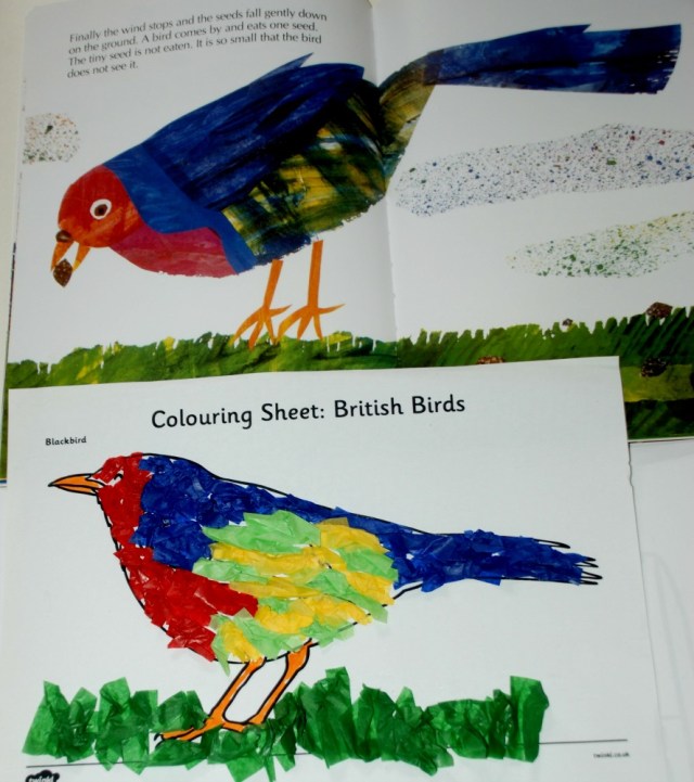 Young Children's craft to go with The Tiny Seed book by Eric Carle. A tissue paper bird