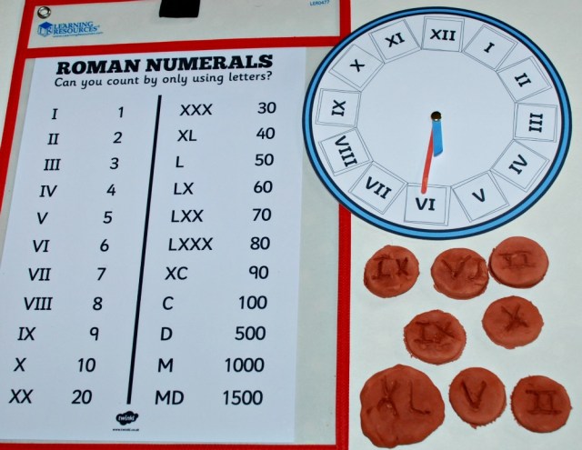Roman Numerals. A Roman numeral poster and clock and clay Roman coins.