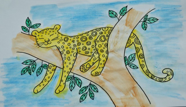 Leopard Mindulness colouring page completed using water-colour pencils