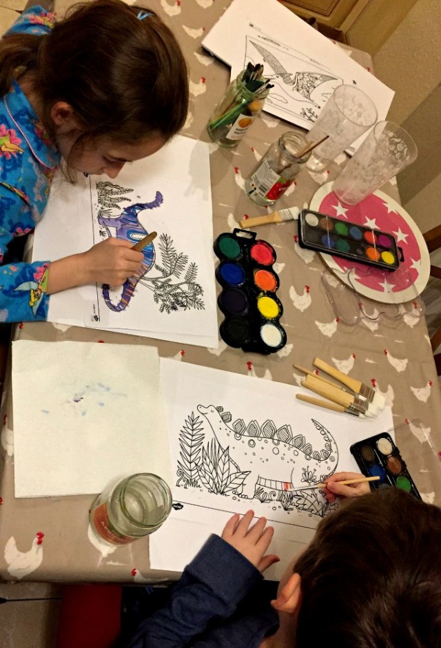 Using the Dinosaur Mindfulness colouring pages for some painting fun