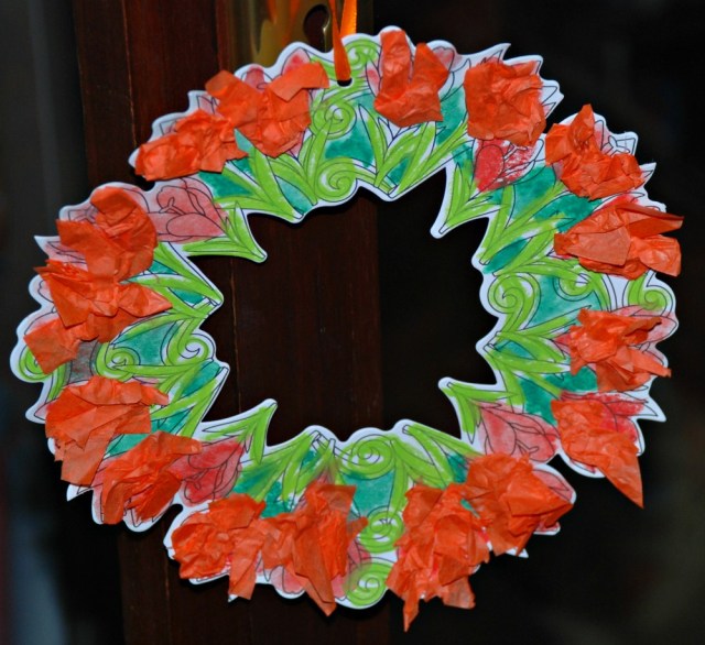 Baker Ross colouring flower wreath with some tissue paper added
